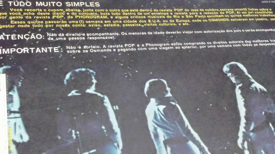 Osmonds e o disco "Phase-III", que tinha uma promoção na capa para os fãs brasileiros irem assisti-los