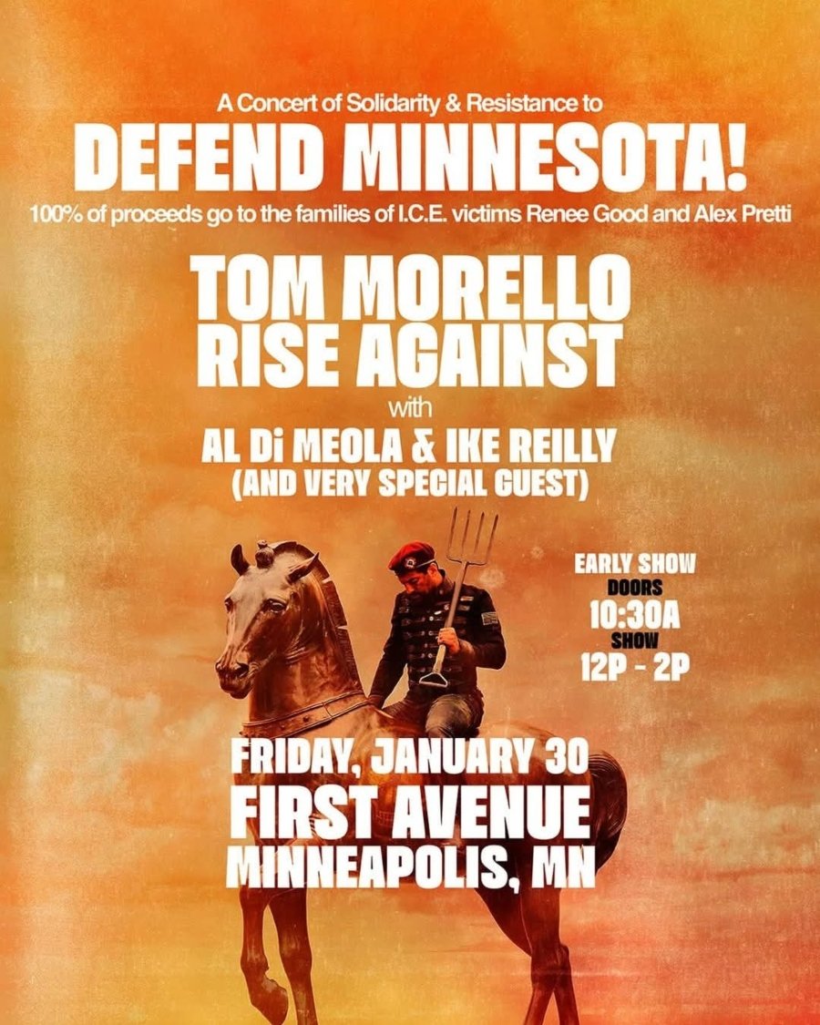 Tom Morello, um dos nomes mais politizados do rock, anunciou um show beneficente em Minneapolis para apoiar famílias vítimas da violência de agentes federais.