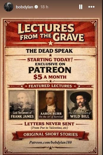 Anúncio do patreon de Bob Dylan nos stories do Instagram